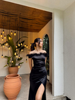 Ophelia Yaka Otriş Detay Saten Abiye 582857 SİYAH