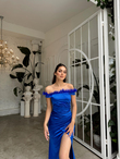 Ophelia Yaka Otriş Detay Saten Abiye 582857 SAKS MAVİSİ