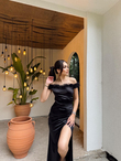 Ophelia Yaka Otriş Detay Saten Abiye 582857 SİYAH