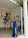 Ophelia Yaka Otriş Detay Saten Abiye 582857 SAKS MAVİSİ