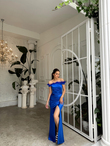Ophelia Yaka Otriş Detay Saten Abiye 582857 SAKS MAVİSİ