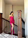 Pamira Ön Düğüm Detay Straplez Saten Abiye 582836 FUŞYA
