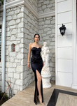 Pamira Ön Düğüm Detay Straplez Saten Abiye 582836 SİYAH