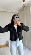 Peluş Kaplama Süet Crop Kaban Siyah