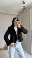Peluş Kaplama Süet Crop Kaban Siyah
