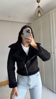 Peluş Kaplama Süet Crop Kaban Siyah