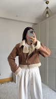 Peluş Kaplama Süet Crop Kaban Taba