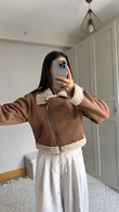 Peluş Kaplama Süet Crop Kaban Taba