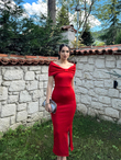 Pree Yaka Tasarım Midi Boy Yırtmaçlı Elbise  582033 KIRMIZI ZX