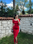 Pree Yaka Tasarım Midi Boy Yırtmaçlı Elbise  582033 KIRMIZI ZX