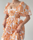 Prenses Kol Çiçek Desen Elbise 6746 TURUNCU