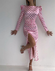 Puantiyeli Saten Elbise-4033 PEMBE