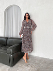 Riona Kruvaze Yaka Kemerli Elbise 4554 TAŞ RENGİ