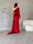 Rosabella Tek Kol Kadife Abiye 582269 KIRMIZI