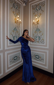 Rosabella Tek Kol Kadife Abiye 582269 SAKS MAVİSİ