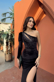 Seren Tek Kol Kadife Abiye 583102 SİYAH