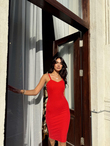Shess İp Askı Simli Midi Boy Elbise 582221 KIRMIZI