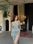 Siete İp Askı Yırtmaçlı Saten Abiye 582177 MİNT YEŞİLİ