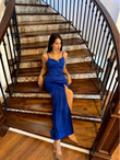 Siete İp Askı Yırtmaçlı Saten Abiye 582177 SAKS MAVİSİ