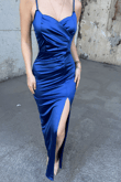 Siete İp Askı Yırtmaçlı Saten Abiye 582177 SAKS MAVİSİ