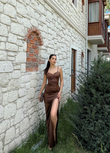 Siete İp Askı Yırtmaçlı Saten Abiye 582177 ACI KAHVE