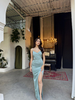 Siete İp Askı Yırtmaçlı Saten Abiye 582177 MİNT YEŞİLİ