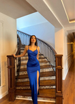 Siete İp Askı Yırtmaçlı Saten Abiye 582177 SAKS MAVİSİ