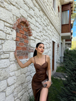 Siete İp Askı Yırtmaçlı Saten Abiye 582177 ACI KAHVE