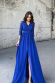 Sofia Güpür Detay Yırtmaçlı Abiye 84596 SAKS MAVİSİ