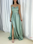 Sofya Yırtmaç Detay Kemerli Saten Abiye MİNT YEŞİLİ