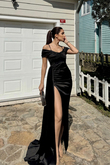 Stone Drape Yaka Yırtmaç Detay Kuyruklu Abiye 582553 SİYAH