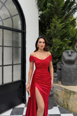 Stone Drape Yaka Yırtmaç Detay Kuyruklu Abiye 582553 KIRMIZI