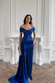 Stone Drape Yaka Yırtmaç Detay Kuyruklu Abiye 582553 SAKS MAVİSİ