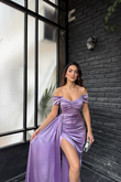 Stone Drape Yaka Yırtmaç Detay Kuyruklu Abiye 582553 LİLA