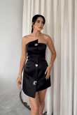Straplez Toka Detaylı Saten Mini Elbise 9391 