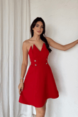 Straplez Yaka Detay Düğmeli Mini Elbise 9356
