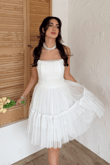 Tül Detay Bel Boncuklu Mini Elbise 9354