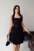 Tül Detay Bel Boncuklu Mini Elbise 9354