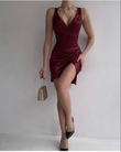 V Yaka Göğüs Drape Saten Elbise 6673