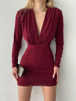 V Yaka Mini Elbise BORDO