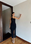 Valerinda Tek Kol Yırtmaç Detay Midi Elbise 50063 SİYAH