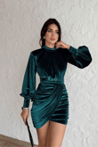 Vatkalı Drape Detay Dilge Mini Elbise 9302 ZÜMRÜT