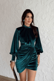 Vatkalı Drape Detay Dilge Mini Elbise 9302 ZÜMRÜT