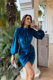 Vatkalı Drape Detay Dilge Mini Elbise 9302 TURKUAZ