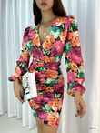 Zily Çiçek Desen Büzgülü Mini Elbise 582292