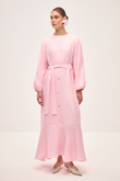 RIVIERA VOLANLI KETEN ELBİSE PEMBE