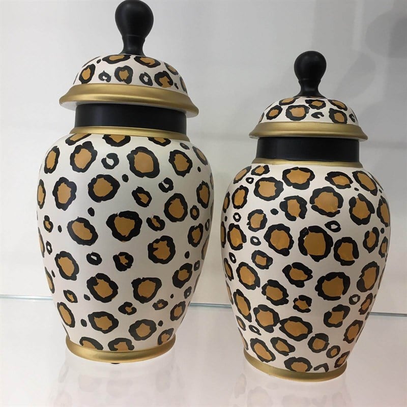 Fancy - Fancy POT W/LID CERAMIC BLACK/WHITE/GOLD LEOPARD 