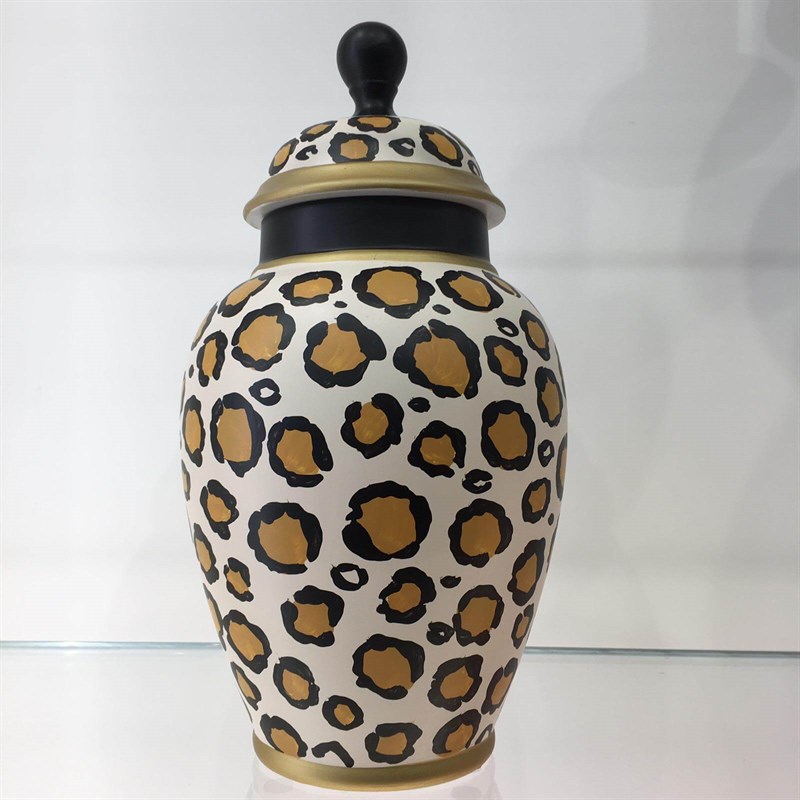 Fancy - Fancy POT W/LID CERAMIC BLACK/WHITE/GOLD LEOPARD