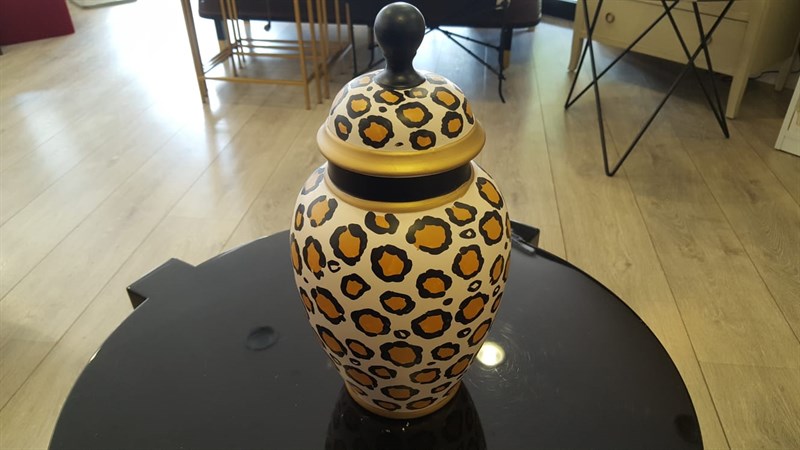 Fancy POT W/LID CERAMIC BLACK/WHITE/GOLD LEOPARD 