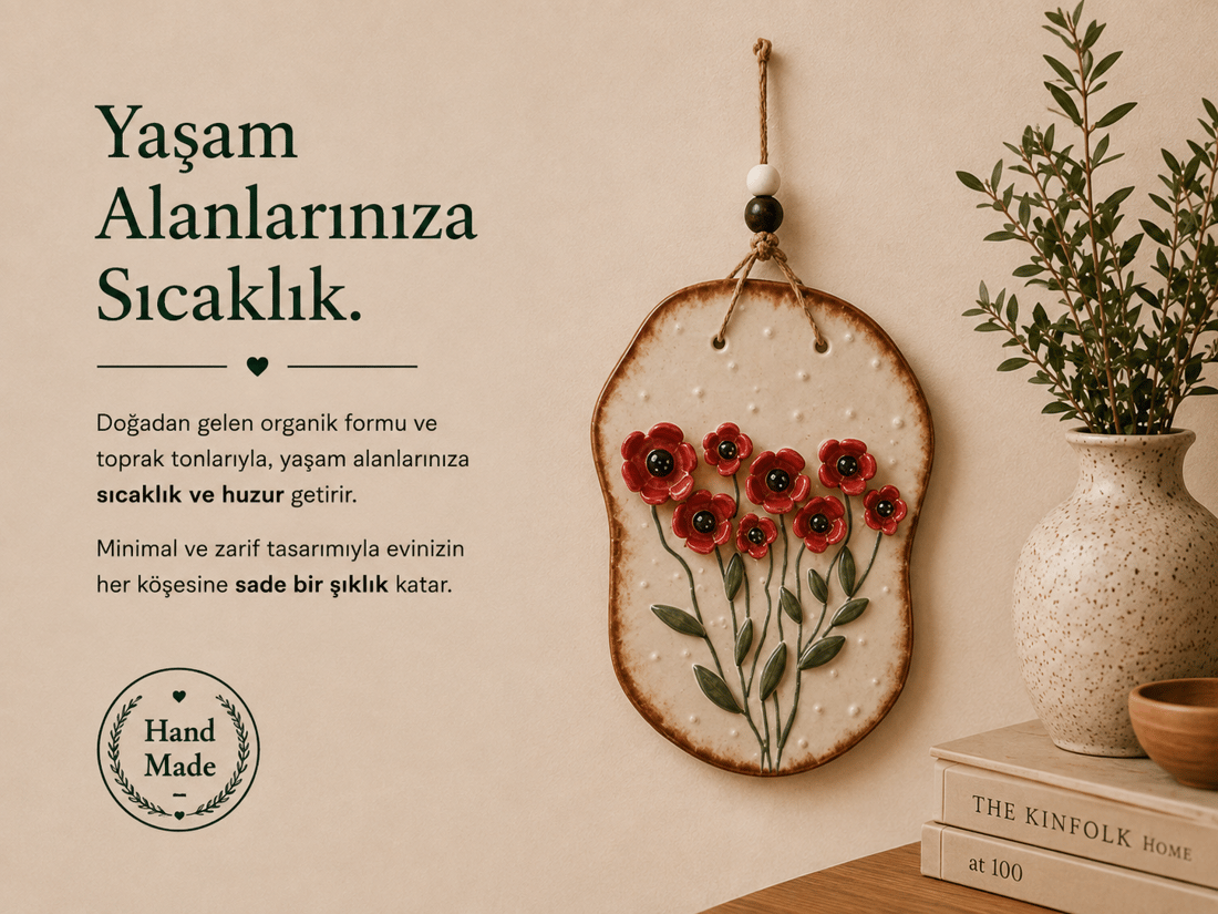 Seramik Duvar Süsü Kırmızı Çiçekli Kabartma Duvar Tablosu